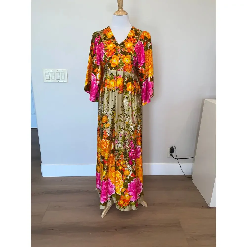 VTG Hilo Hattie Evelyn Wargolis Hawaiian Dress Floral Maxi Caftan Style Size 12 - Picture 1 of 5